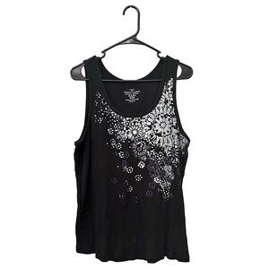 Faded Glory Black Tank Top with Silver Floral Glitter Accents